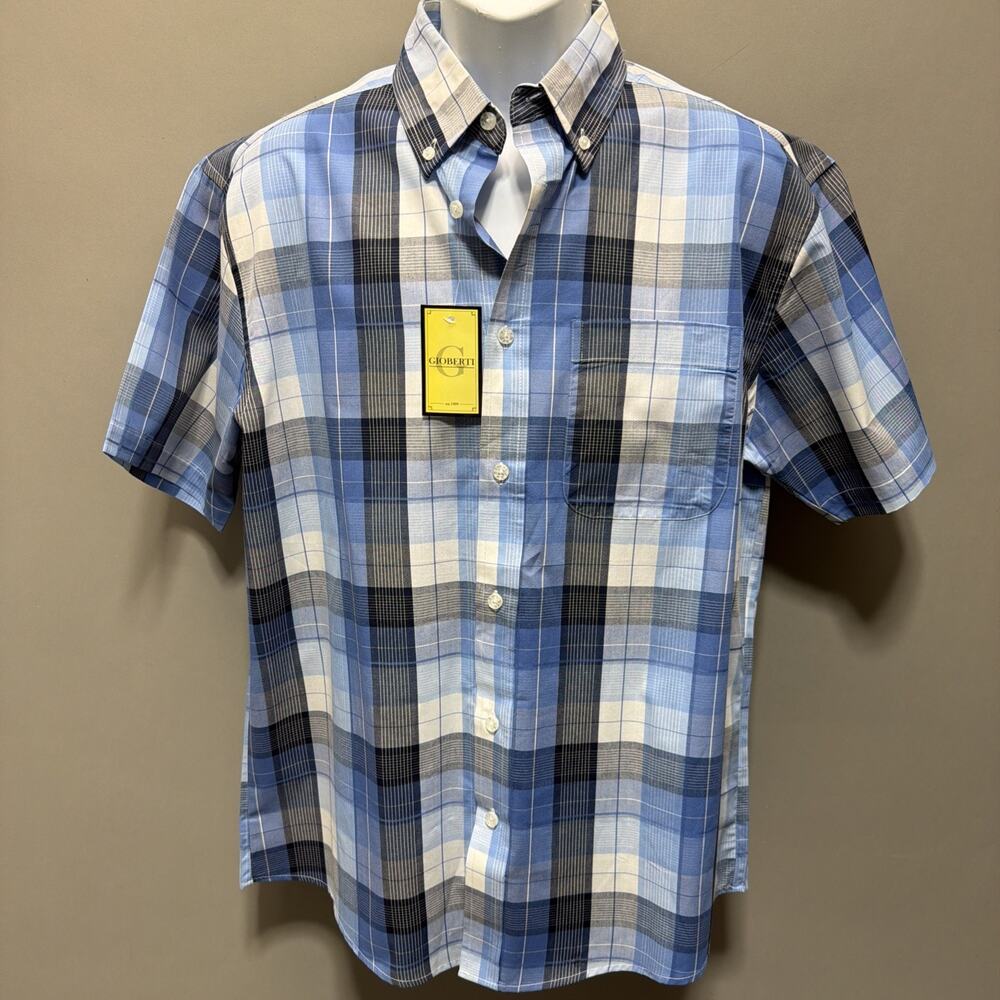 New Gioberti Blue Plaid Short Sleeve Button Down Shirt Mens M Preppy Casual